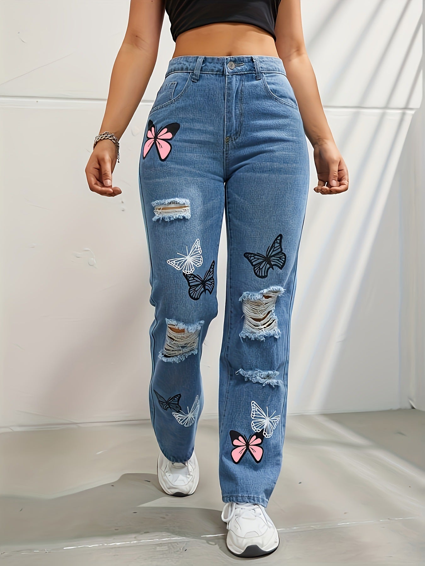 Women's Butterfly Print High Waist Straight Leg Jeans