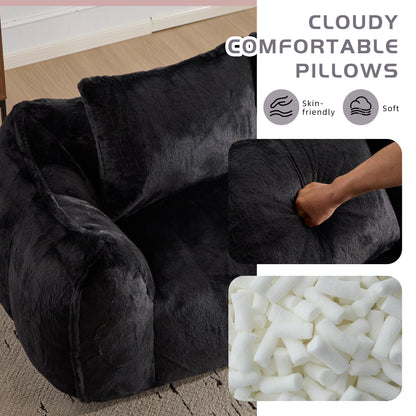Giant Bean Bag Loveseat — Oversized Fluffy Sofa Chair with Pillows, Black