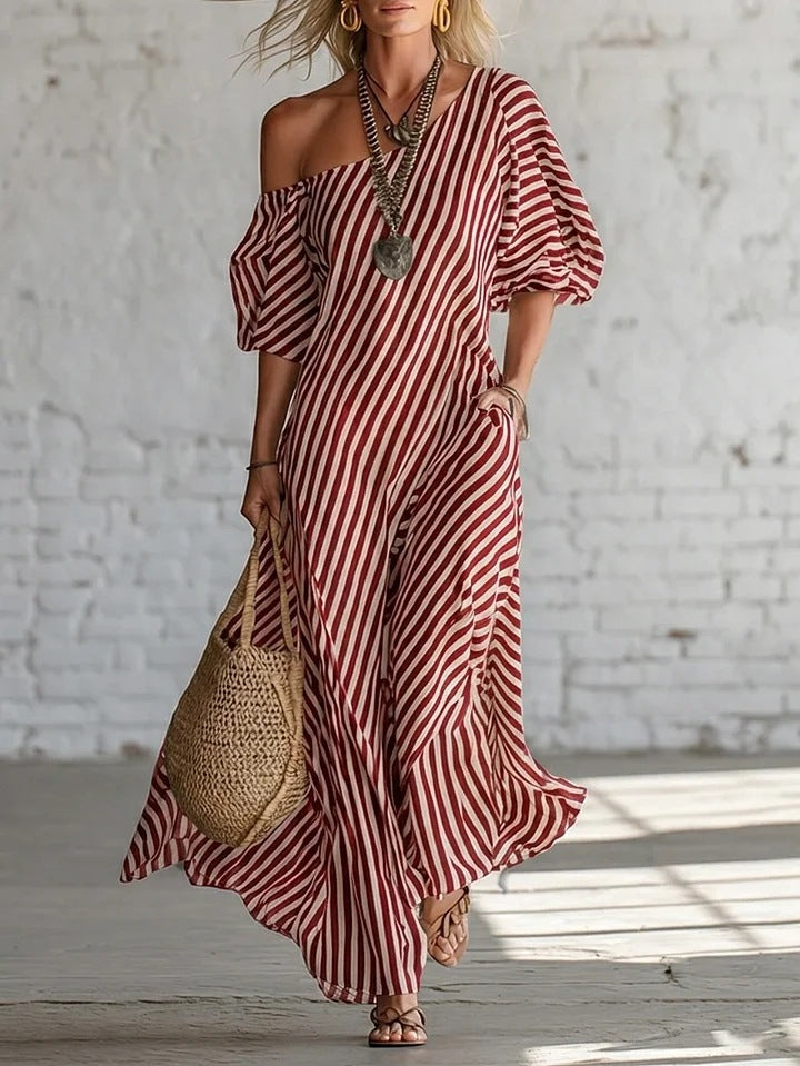 Women's Striped Off-Shoulder Maxi Dress