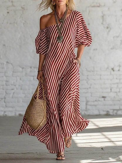 Women's Striped Off-Shoulder Maxi Dress