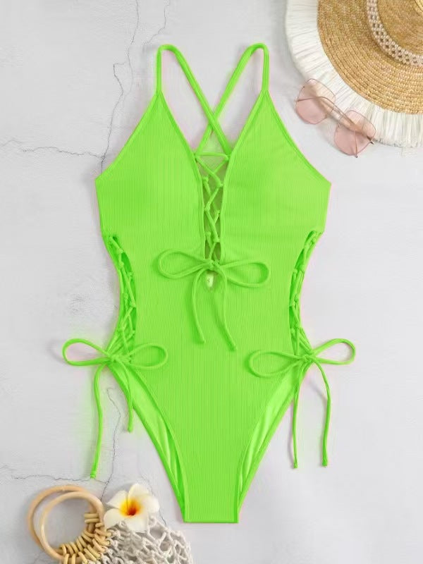 Women's Backless One-Piece Swimsuit – Solid Color Sleeveless Bathing Suit