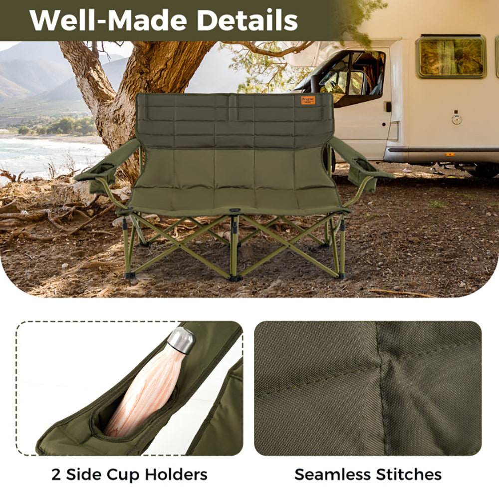 Double Camping Loveseat Chair - Oversized Folding Couch with Cup Holders, 660 lbs Capacity