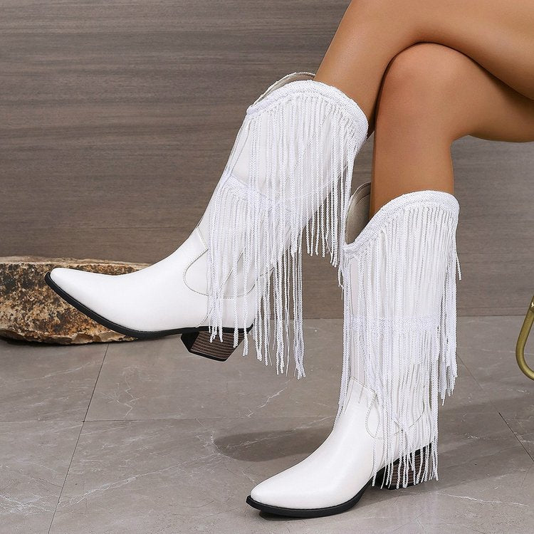 European & American Retro Western Boots for Women — Chunky Heel, Pleated Design, Mid-Fashion Knight Style
