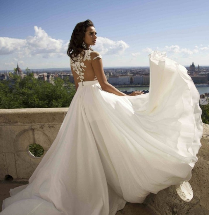 Bohemian Chiffon Wedding Dress with Lace Appliqués