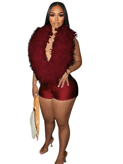 Women's Feather-Trim Satin Halter Jumpsuit Shorts