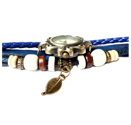 Women's Bohemian Leather Leaf Bracelet Watch – Handwoven Quartz Watch in Blue
