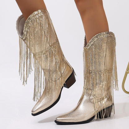 European & American Retro Western Boots for Women — Chunky Heel, Pleated Design, Mid-Fashion Knight Style