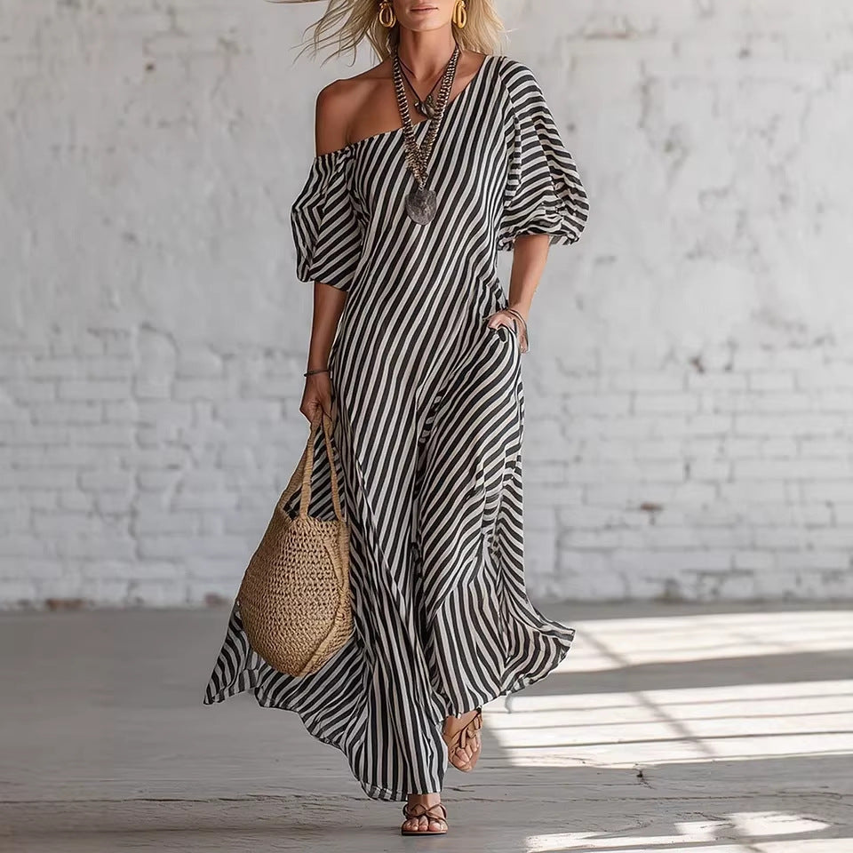 Women's Striped Off-Shoulder Maxi Dress