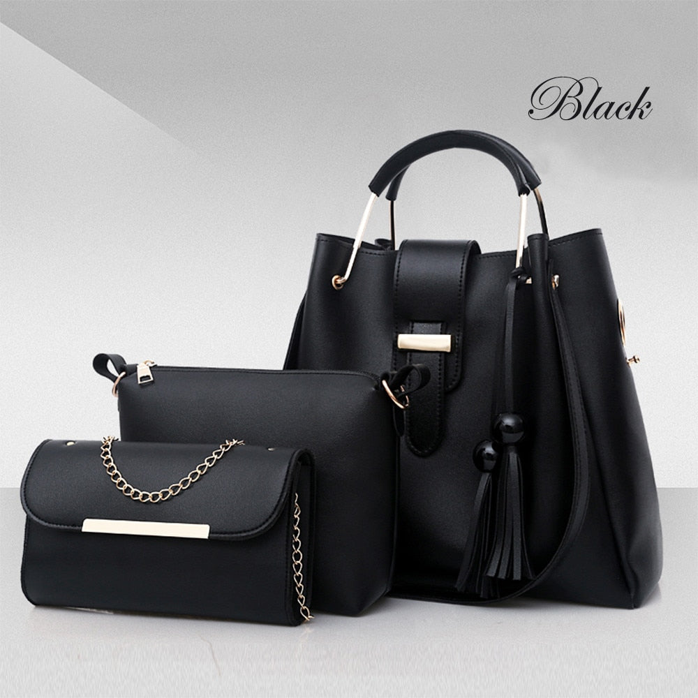 Women's 3-Piece Handbag Set | PU Leather Shoulder Bag, Crossbody & Tote with Tassel
