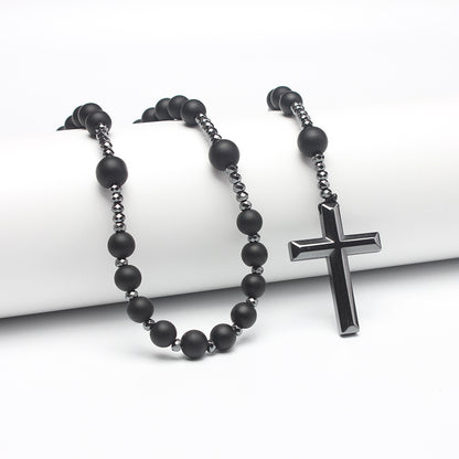Natural Round Beads Long Chain Cross Necklace – Elegant Prayer Jewelry