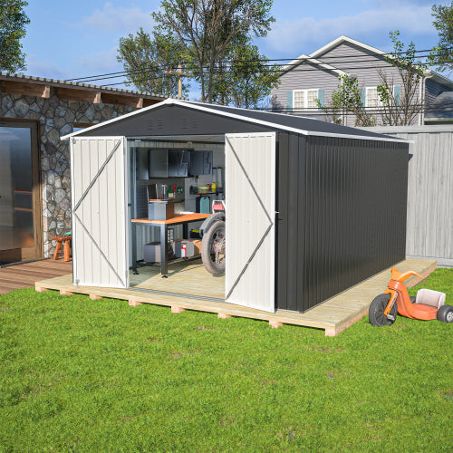 Outdoor Storage Shed 10x12 FT, Utility Metal Tool Storage With Lockable Doors And Updated Frame Structure, Large Metal Garden Shed For Backyard, Patio Lawn, Black