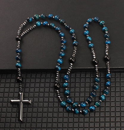 Natural Round Beads Long Chain Cross Necklace – Elegant Prayer Jewelry