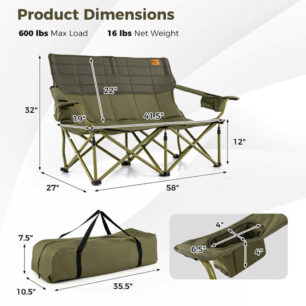 Double Camping Loveseat Chair - Oversized Folding Couch with Cup Holders, 660 lbs Capacity