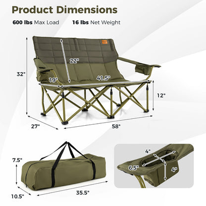 Double Camping Loveseat Chair - Oversized Folding Couch with Cup Holders, 660 lbs Capacity