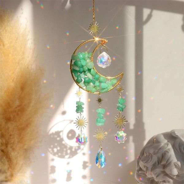 Moon & Stars Crystal Car Charm - Reflective Metal Hanging Ornament for Rearview Mirror