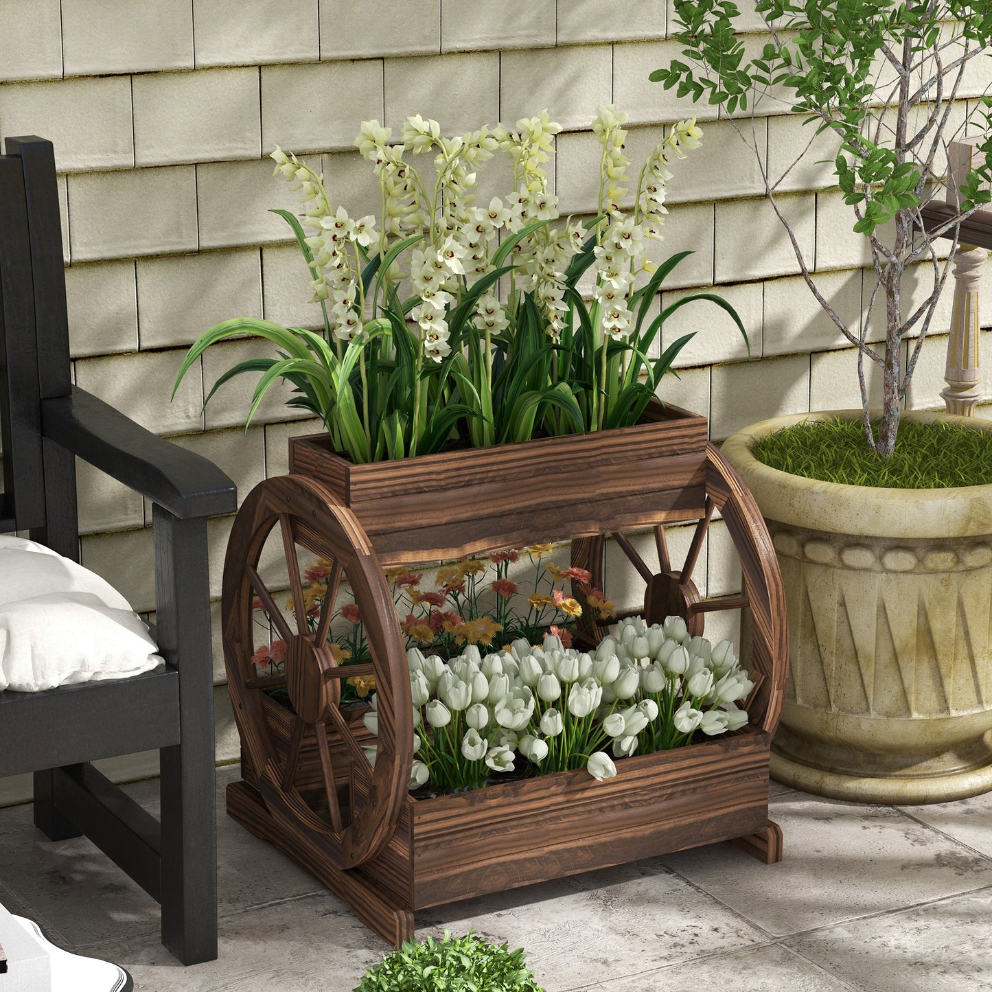 Wooden Wagon Planter Box, 3-Tier Raised Garden Bed, For Vegetables Flowers Herbs
