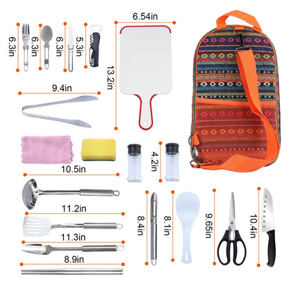 19Pcs Camping Cooking Utensil Kit Portable Picnic Cookware Outdoor Kitchen Equipment Gear Campfire Barbecue Appliances With Storage Bag