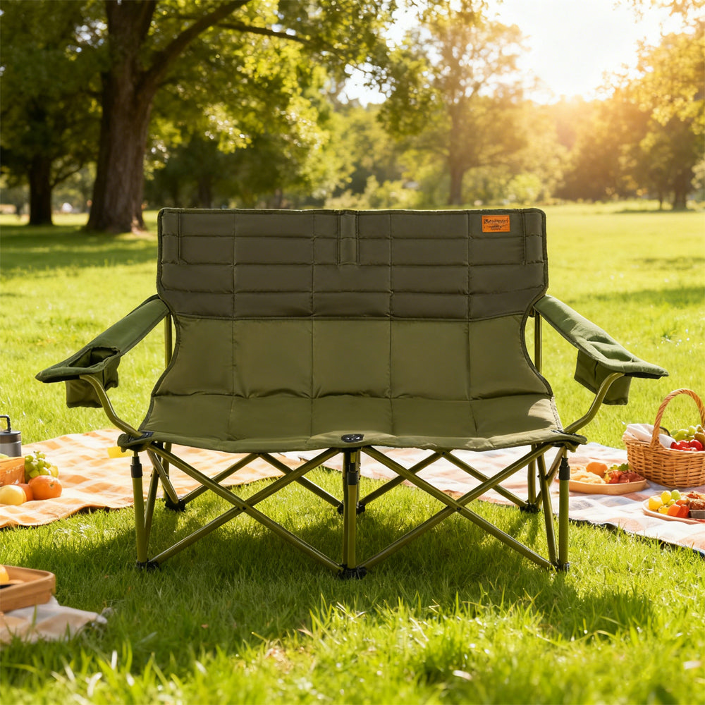 Double Camping Loveseat Chair - Oversized Folding Couch with Cup Holders, 660 lbs Capacity