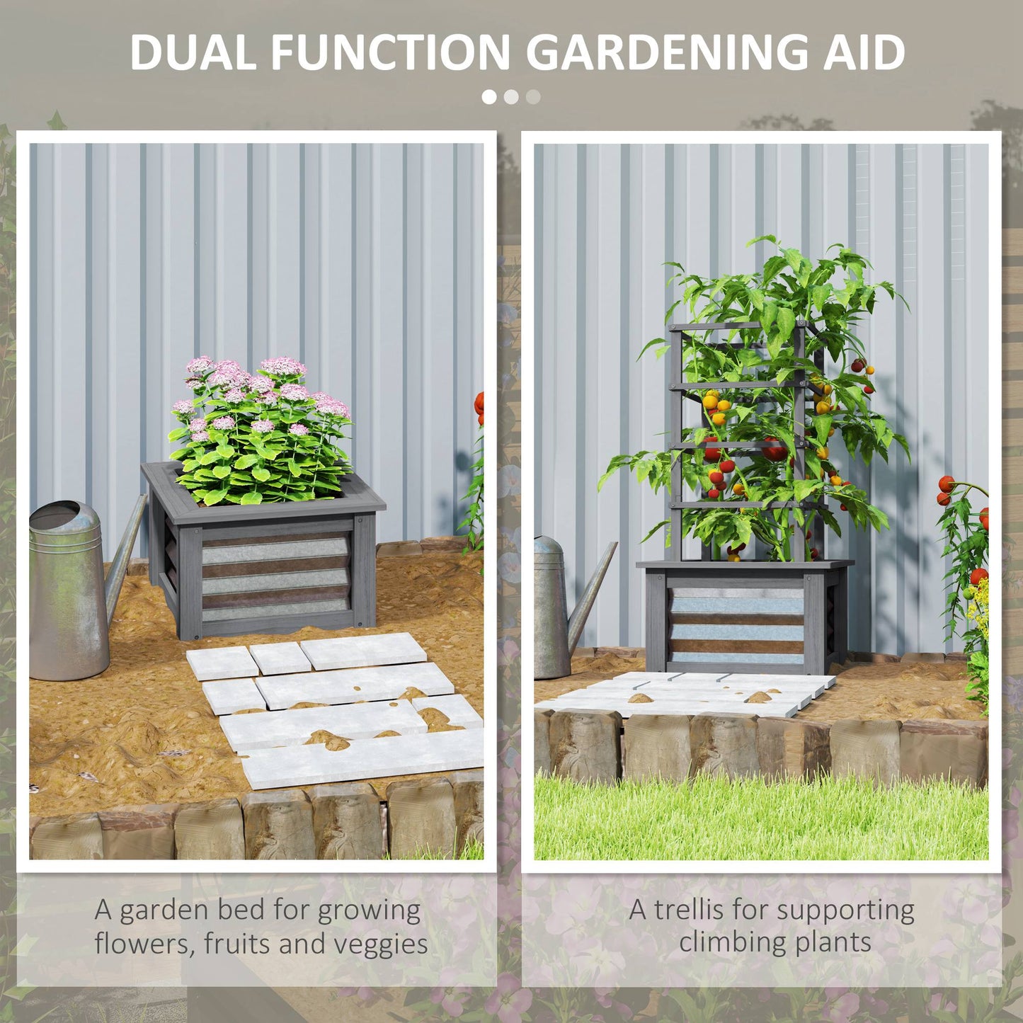 Wooden Raised Garden Bed with Trellis — Galvanized Steel Planter Box for Garden & Patio