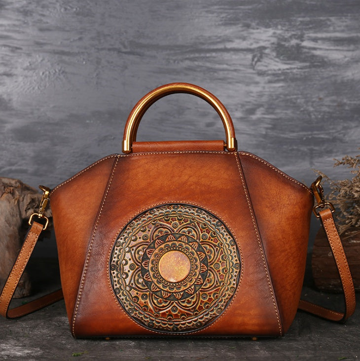 Embossed Leather Messenger Bag - Totem Pattern