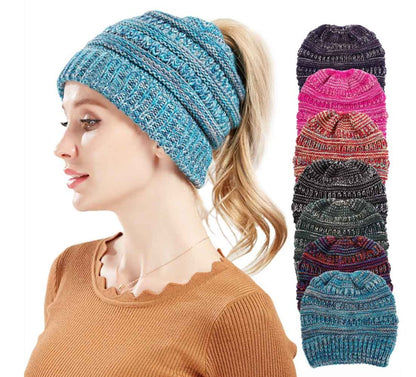 Mixed Color Knitted Wool Hat Ladies Ponytail Hat