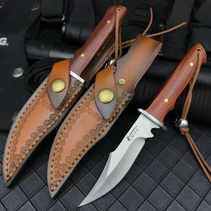 Compact Fixed Blade Knife - 5CR13 Steel with Rosewood Handle & Leather Sheath for Camping & EDC