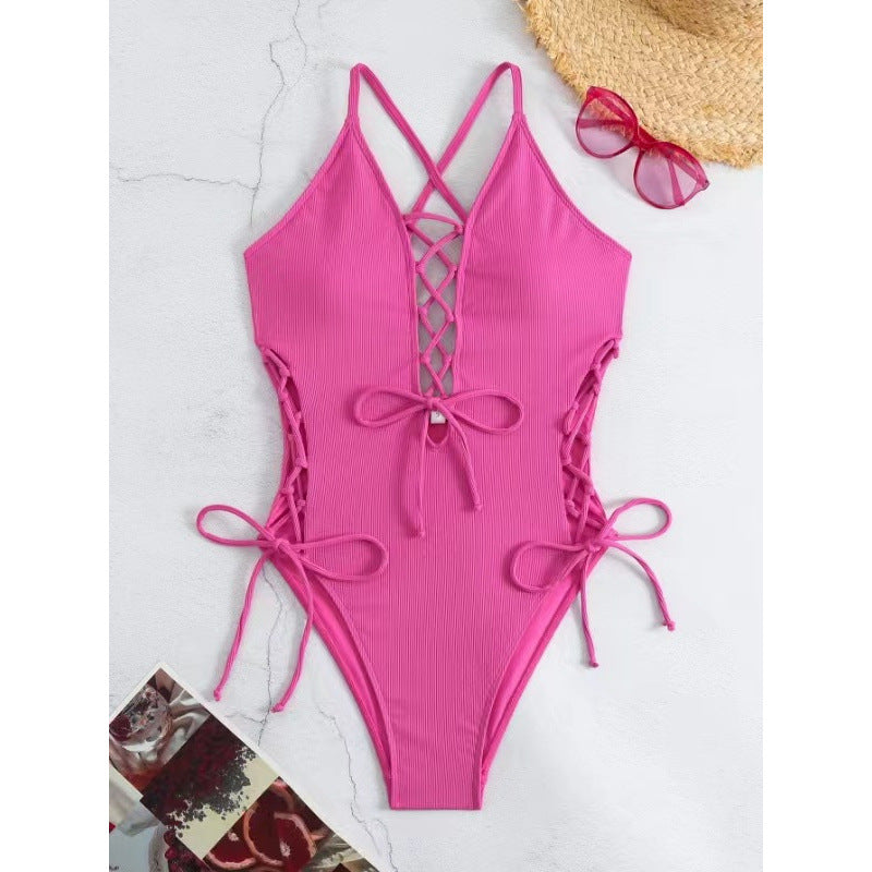 Women's Backless One-Piece Swimsuit – Solid Color Sleeveless Bathing Suit