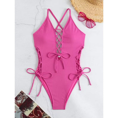 Women's Backless One-Piece Swimsuit – Solid Color Sleeveless Bathing Suit
