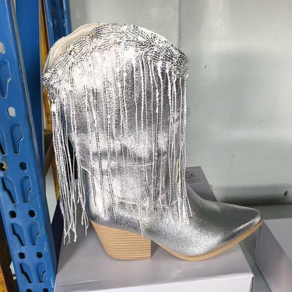 European & American Retro Western Boots for Women — Chunky Heel, Pleated Design, Mid-Fashion Knight Style