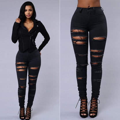 Women's High Waist Ripped Skinny Jeans – Cotton Pencil Pants in Black & White