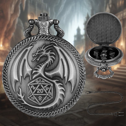 Retro Pocket Watch & 7-Piece DND Metal Dice Set – RPG Gift Bundle