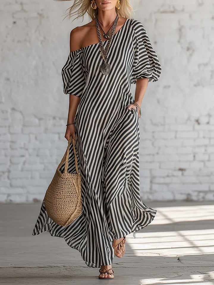 Women's Striped Off-Shoulder Maxi Dress