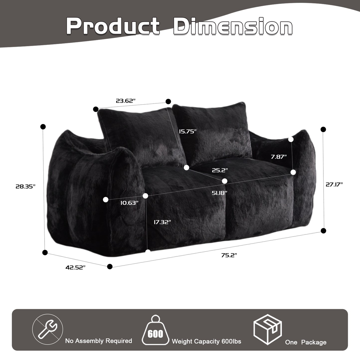 Giant Bean Bag Loveseat — Oversized Fluffy Sofa Chair with Pillows, Black