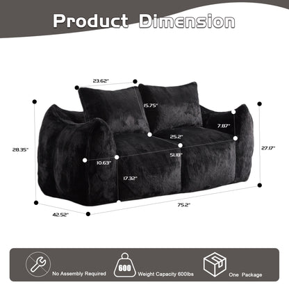 Giant Bean Bag Loveseat — Oversized Fluffy Sofa Chair with Pillows, Black