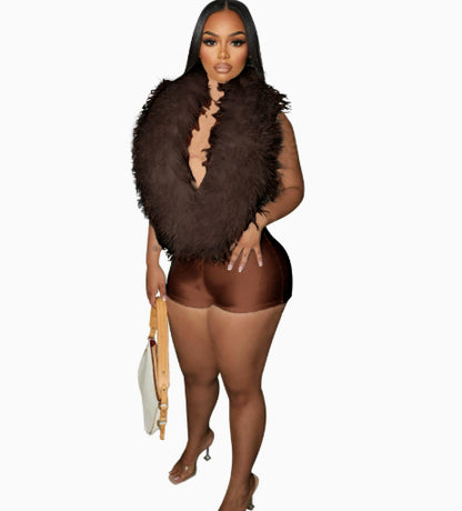 Women's Feather-Trim Satin Halter Jumpsuit Shorts