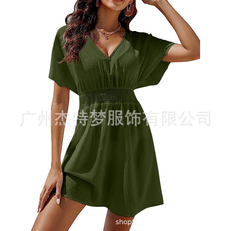 V-Neck Pleated Midi Dress – Women's Flowy Casual Dress