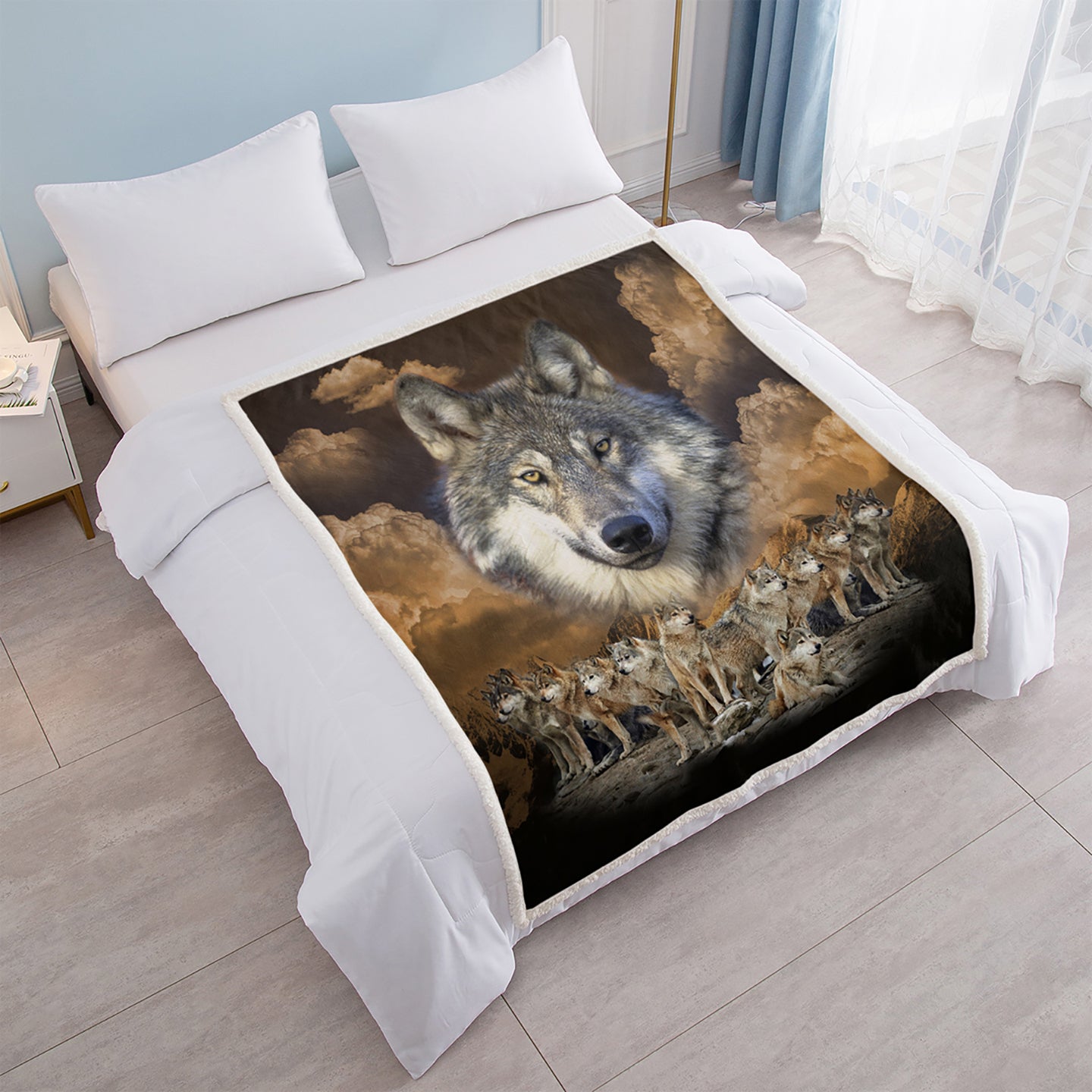Indian Wolf Sherpa Fleece Blanket | Native American Design | 50x60 & 60x80 Inch