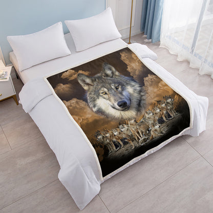 Indian Wolf Sherpa Fleece Blanket | Native American Design | 50x60 & 60x80 Inch