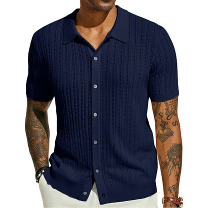 Men's Knitted Short Sleeve Button-Down Shirt, Solid Color