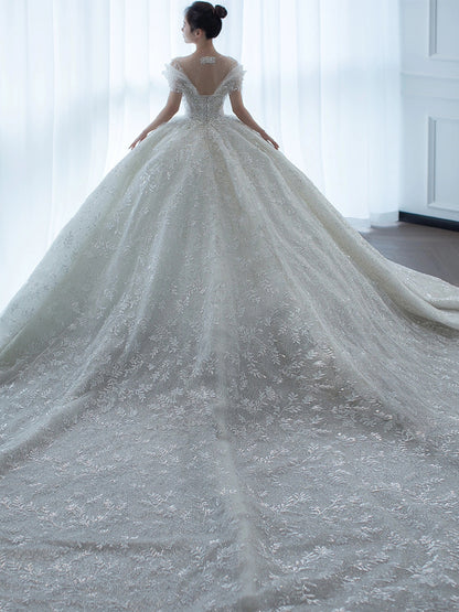 Off-Shoulder French Lace Wedding Dress - Romantic Bridal Gown with Elegant Sleeves