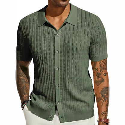 Men's Knitted Short Sleeve Button-Down Shirt, Solid Color