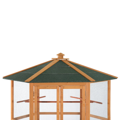Large Wooden Bird Aviary – Hexagonal Outdoor Flight Cage with Covered Roof