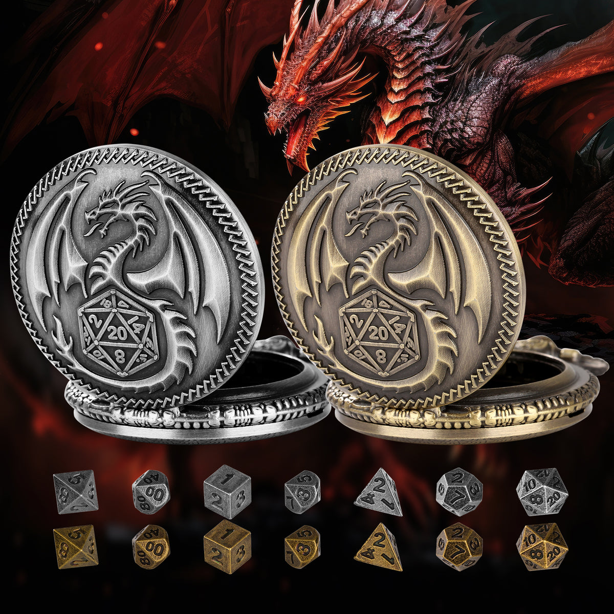 Retro Pocket Watch & 7-Piece DND Metal Dice Set – RPG Gift Bundle