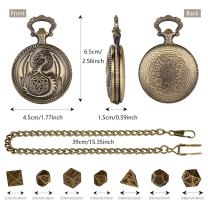 Retro Pocket Watch & 7-Piece DND Metal Dice Set – RPG Gift Bundle