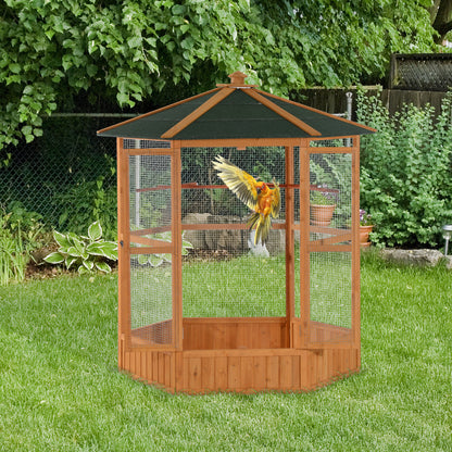 Large Wooden Bird Aviary – Hexagonal Outdoor Flight Cage with Covered Roof