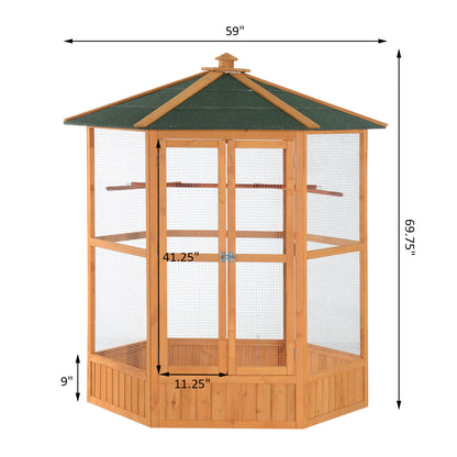 Large Wooden Bird Aviary – Hexagonal Outdoor Flight Cage with Covered Roof