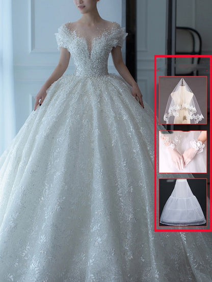 Off-Shoulder French Lace Wedding Dress - Romantic Bridal Gown with Elegant Sleeves