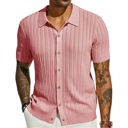 Men's Knitted Short Sleeve Button-Down Shirt, Solid Color