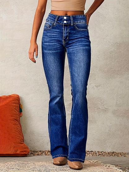Women's Skinny Flared Jeans – Slim Fit Denim Pants with Pockets & Button Zipper