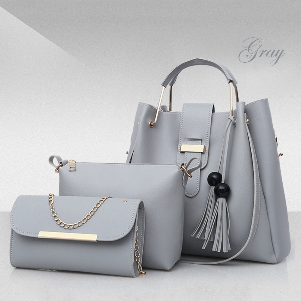 Women's 3-Piece Handbag Set | PU Leather Shoulder Bag, Crossbody & Tote with Tassel